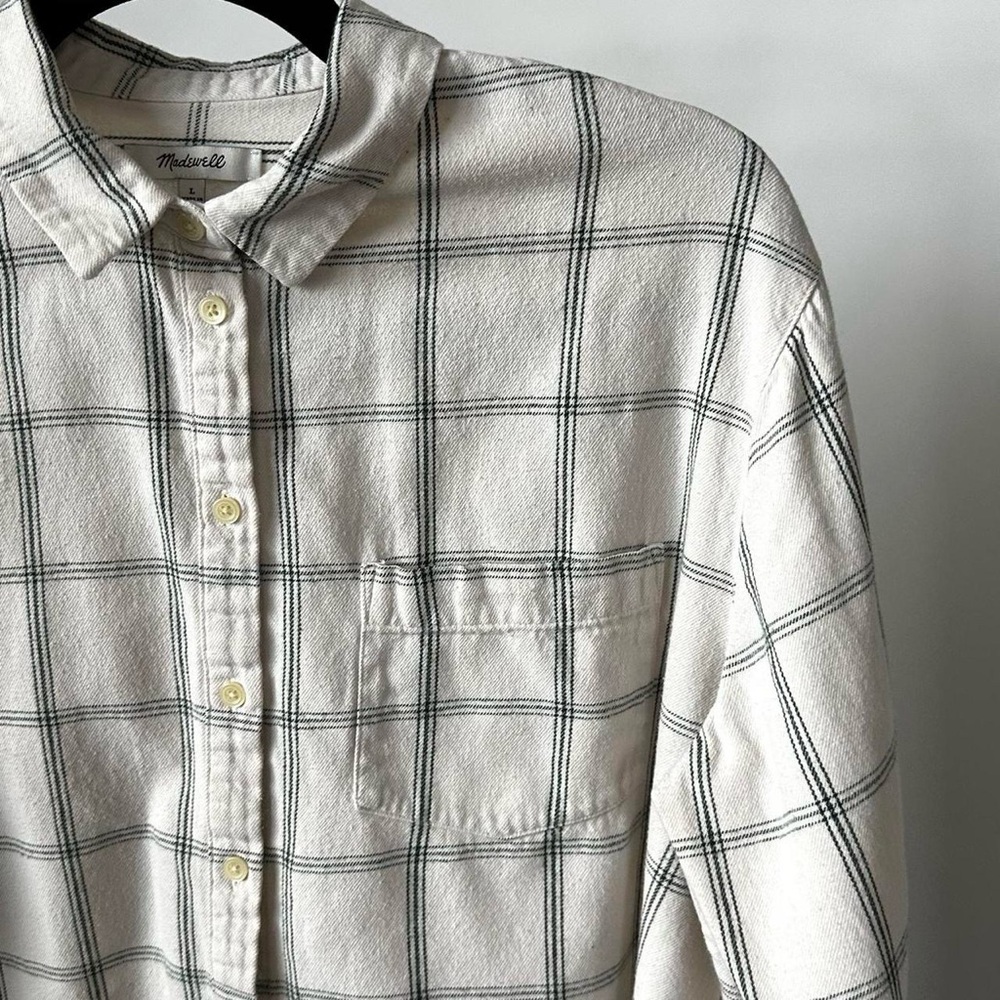 MADEWELL COTTON PLAID FLANNEL BUTTON UP SHIRT LONG SLEEVE in Cream/Green Size-L - Picture 8 of 8